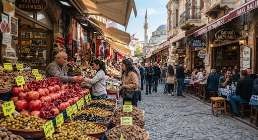 Kadıköy market street with pomegranates, olives and dried figs