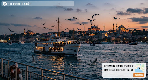 Istanbul passenger ferry crossing the Bosphorus at dusk