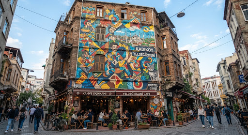Colorful multi-story street art mural on a classic brick building in Yeldeğirmeni